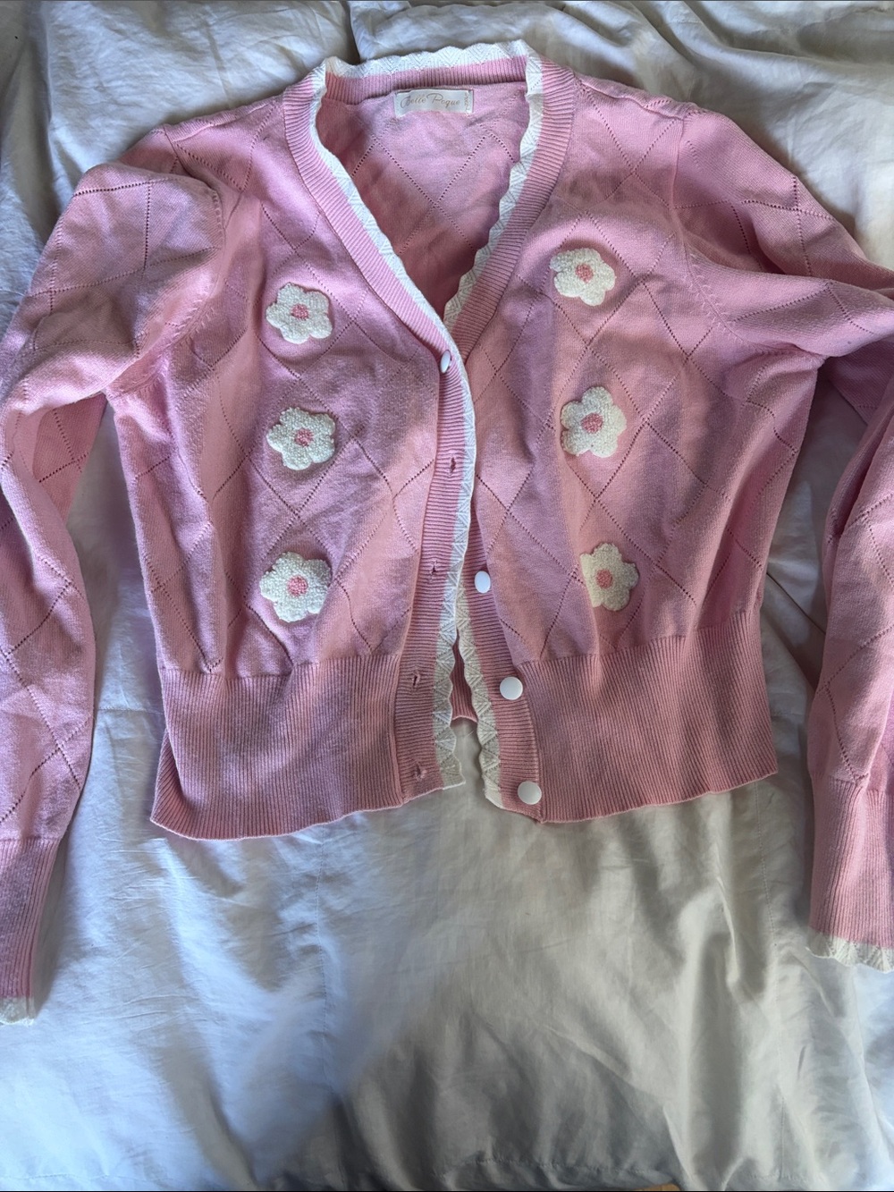 Pink Floral Embroidered Cardigan Sweater